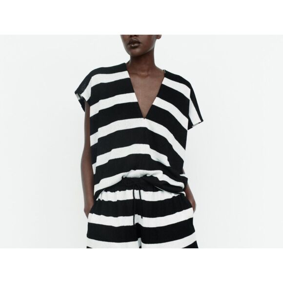 ZARA Striped Knit V-Neck Relaxed Sweater Black/White Small - Picture 1 of 5